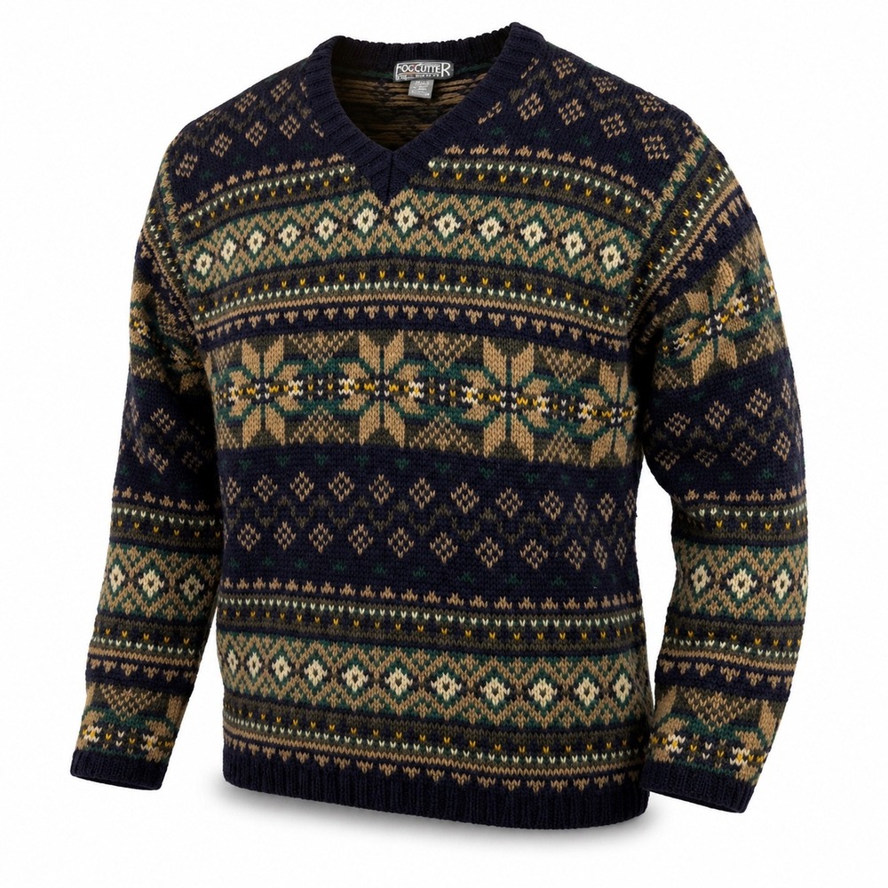 Vintage Fog Cutter 100% Wool Fair Isle Nordic Sweater Mens‎ XL V Neck